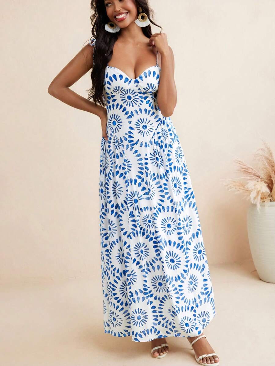 Kiitan Luxe Robe longue femme à ligne évasée avec imprimé floral éclat bleu et bretelles en nœud, idéale pour l'été et les vacances