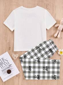 SHEIN Conjunto de pantalón y top de manga corta con lazo decorativo, estilo casual y sencillo para niñas pre-adolescentes, adecuado para el verano