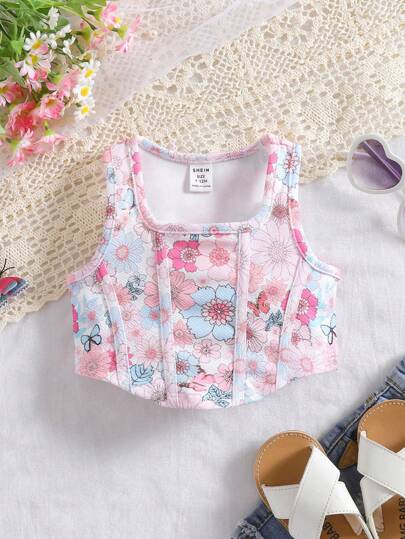 Babygirl Cute Floral Print Knit Camisole, Suitable For Summer Vacation
