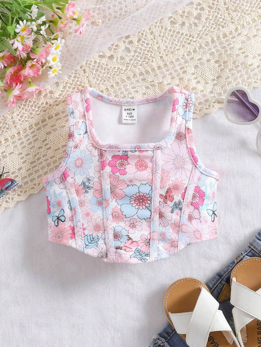 SHEIN Babygirl 可爱花卉印花针织吊带背心,适合夏季度假 - 淡紫色 - 查看 1