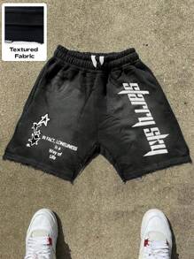 Manfinity EMRG 男士夏季休闲标语印花短裤，Emo，2000 年代风格