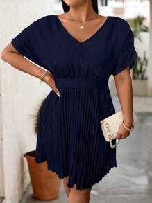 SHEIN Clasi Plus Size Casual Solid Color Pleated Hem Dress - Navy Blue - View 6