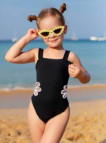 Sparklyn Young Girl Black And White Hollow One-Piece Swimsuit For Beach/Vacation