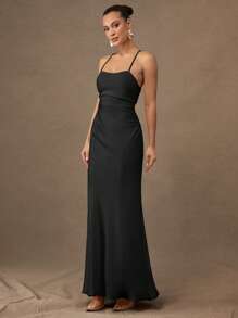 Silquee Solid Color Open Back Tie-Knot Summer Elegant Cami Dress - Black - View 6