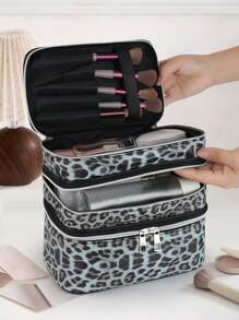 N_Standard Bolso de maquillaje grande de 3 capas con estampado de leopardo, estilo Y2K, multiusos, para verano