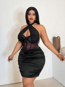 Maweii 大码女式撞色蕾丝荷叶边露背连衣裙 - 黑色 - 查看 3