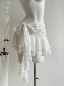 Sweetra Women's Elegant Ruffle Tie Lace Skirt, Spring/Summer - White - View 3