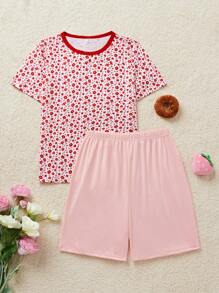 SHEIN 少女撞色装饰碎花短袖圆领上衣和短裤家居服套装 - 淺粉色 - 查看 1