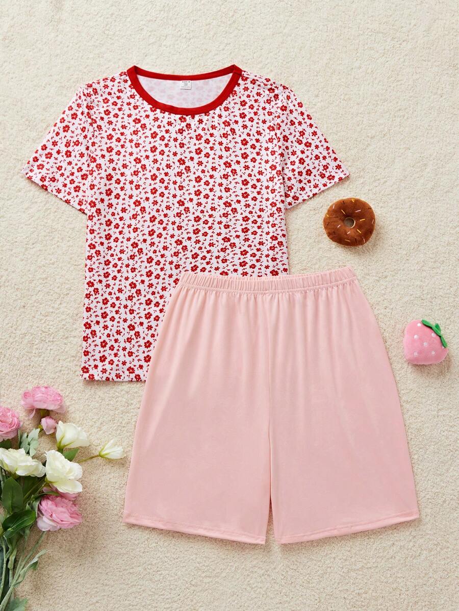 SHEIN 少女撞色装饰碎花短袖圆领上衣和短裤家居服套装 - 淺粉色 - 查看 1