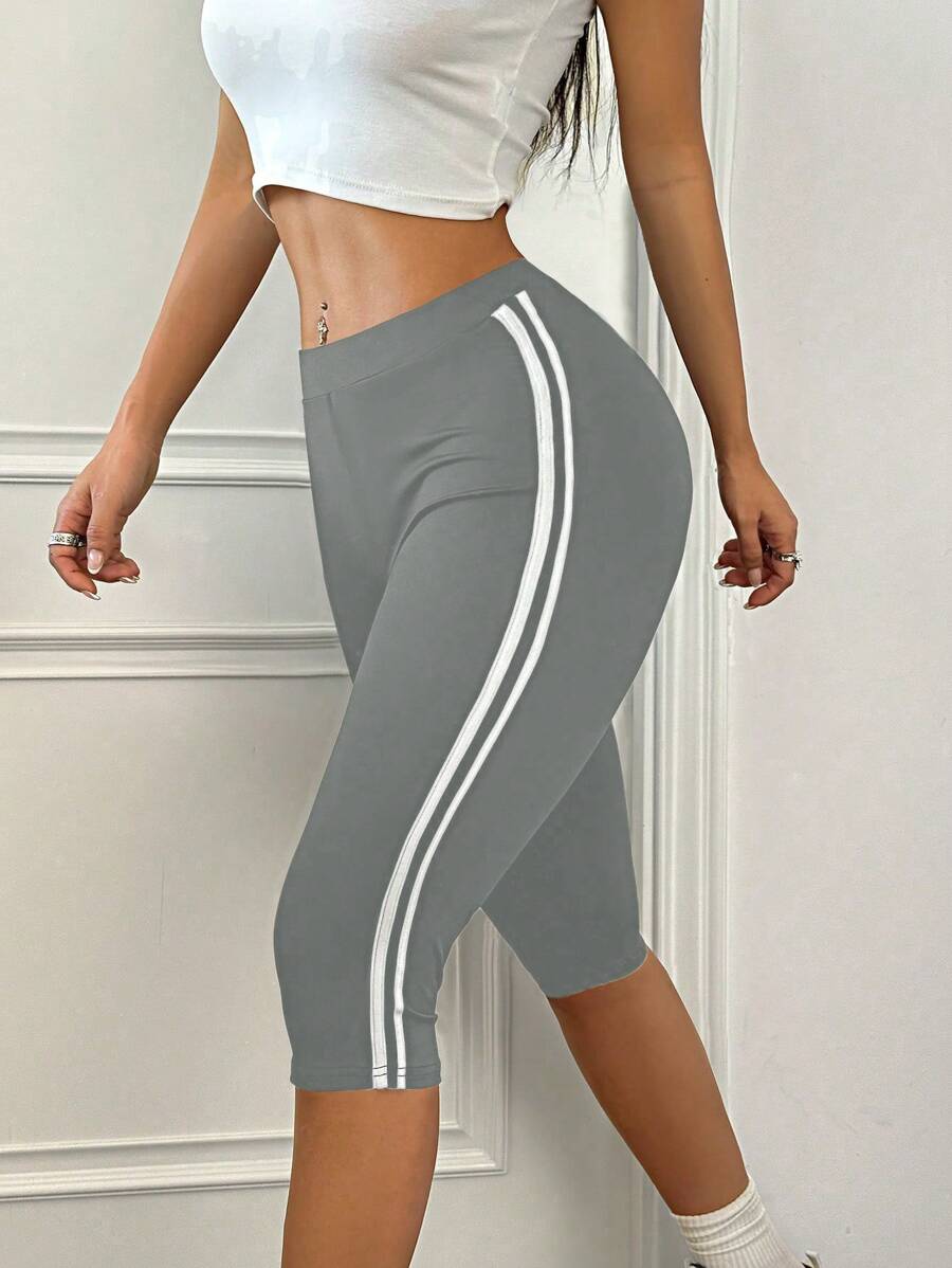 StreetHx 女式时尚百搭条纹拼色运动型黑色紧身裤