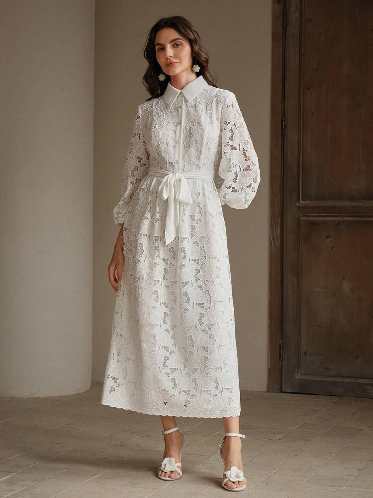 Hollow Solid Color Waist Belt Front Button Elegant Dress