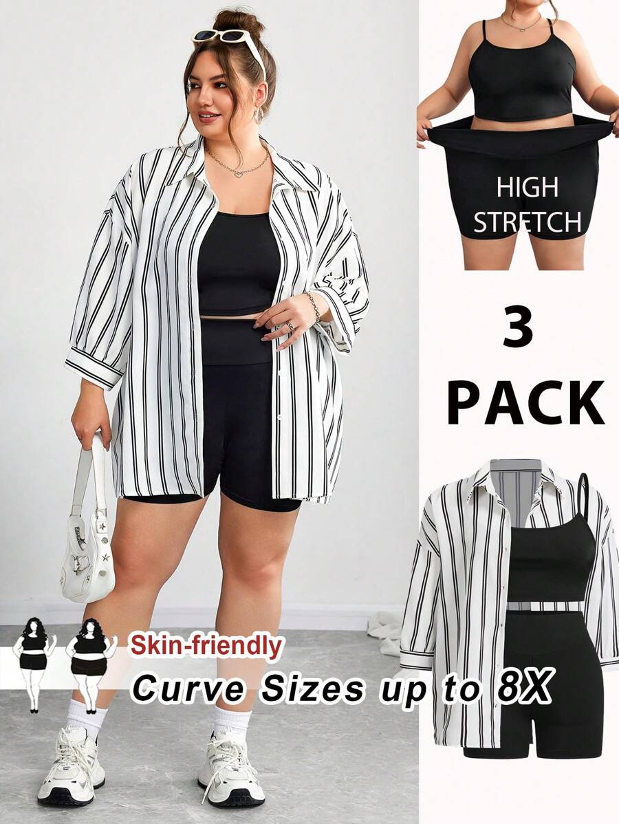 SHEIN CURVE+ 大码女式三件套休闲套装，包含条纹衬衫、黑色吊带背心和短裤，适合健身、运动、度假、教师/毕业生装束，极简主义风格女士海滩装/沙滩裙/海滩度假装束/海滩必备品/毕业/茶会礼服，商务休闲女装/图案 T 恤 - 彩色 - 查看 1