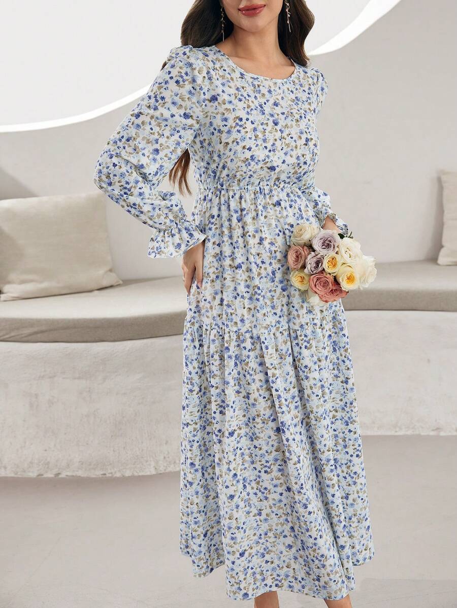 Mulvari Long Sleeve Arabic Style Fashion Summer Dress, Modest - Blue - View 1