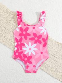 Young Girl Tropical Flower Print Ruffled One-Piece Swimsuit ,Kid Beachwear Summer Holiday