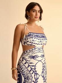 CAJUNI Women Plus Size Spaghetti Strap Hollow Vintage Floral Print Maxi Dress - Multicolor - View 4