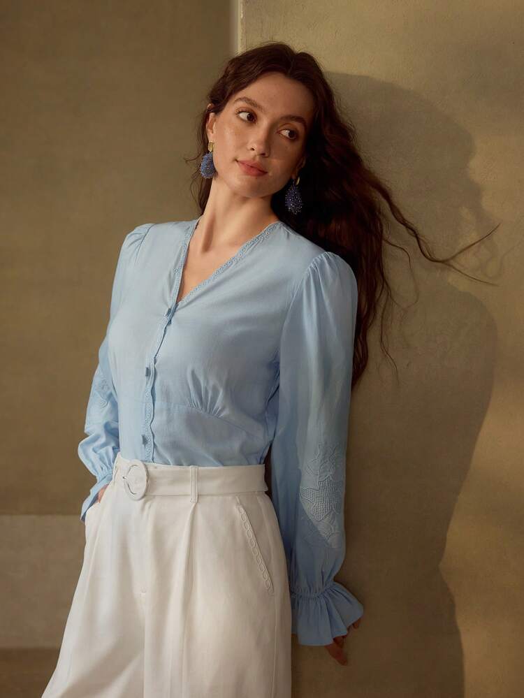 WOMEN'S LINEN EMBROIDERY LONG SLEEVE BUTTON UP BLOUSE