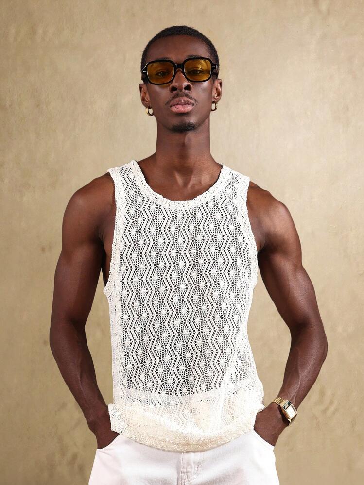 SUMWON オープンニットタンクトップ ノースリーブ 夏用 クロシェ ビーチ フェスティバル タンク 軽量で通気性のある バケーション リゾート カジュアル トップス - アプリコット - 見る 1