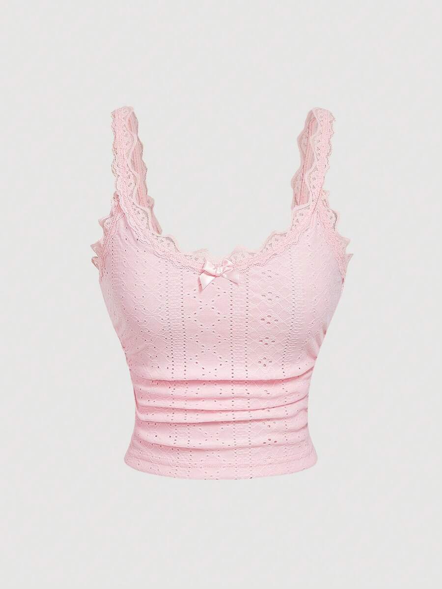 SHEIN MOD Gestricktes Trägertop mit Kragen, Spitzenbesatz und gatherter Taille mit Schmetterlingsapplikationen