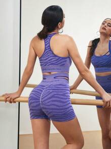 Menodora SHEIN Sport Menodora SHEIN Sport 女士斑马纹拼色镂空弹力休闲运动套装 - 紫色 - 查看 2