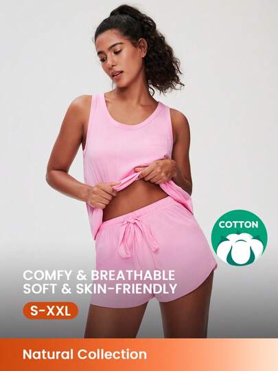 LUVLETTE Conjunto de pijama de top de tirantes y pantalones cortos de algodón 100% puro rosa, informal y deportivo, con bolsillos, lencería adecuada también para adolescentes, jóvenes y niñas, para primavera y verano