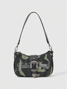 ROMWE Grunge Punk Women's Shoulder Bag With Letter Rhinestone Embellished Camouflage Pattern, Fashionable - Army Green - View 2
