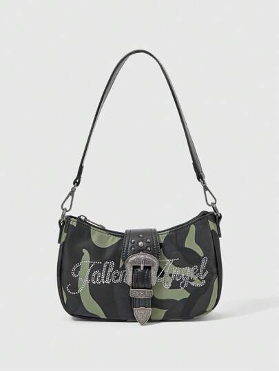 Grunge Punk Women's Shoulder Bag With Letter Rhinestone Embellished Camouflage Pattern, Fashionable