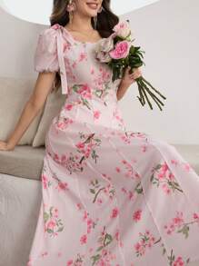 Modelyn Đầm dự tiệc thanh lịch dài tay bồng in họa tiết hoa lãng mạn cổ vuông cho nữ, dáng suông, xòe eo, mùa xuân/hè - Nhiều màu - Xem 1