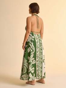 CAJUNI Women Vacation Tropical Boho Flower And Coconut Tree Print Spaghetti Strap Lace Up Casual Beach Summer Maxi Dress