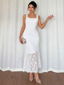 DAZY Vestido Camisole Jacquard Nicho para Mulheres, Novo Vestido Longo Ajustado com Cintura Franzida e Pregas Francesas 2025 para Casamento de Mulheres