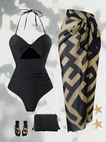 Swim Oasis 2件套/组 2025新款夏季女士纯色连体泳衣搭配随机印花雪纺长裙，沙滩度假休闲套装 - 黑色 - 查看 1