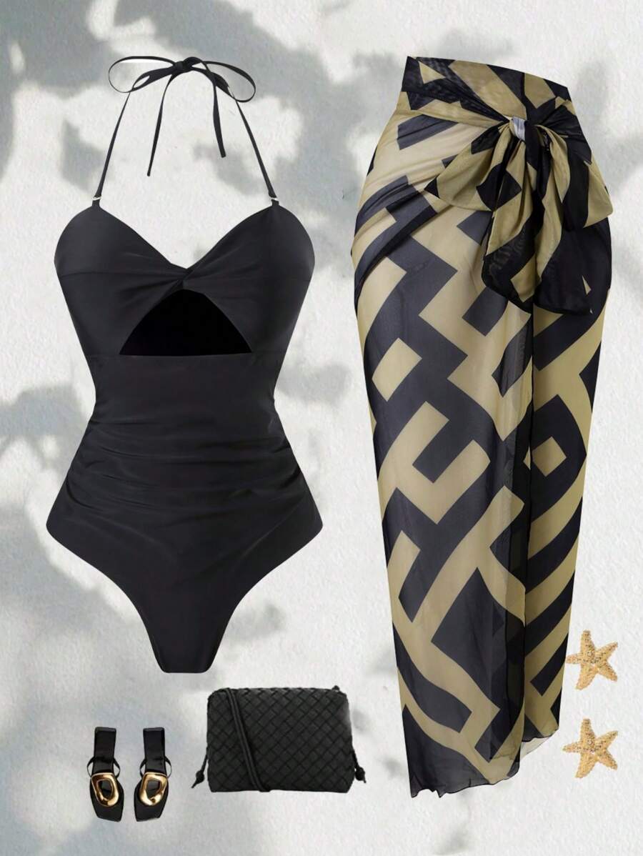 Swim Oasis 2件套/组 2025新款夏季女士纯色连体泳衣搭配随机印花雪纺长裙，沙滩度假休闲套装 - 黑色 - 查看 1