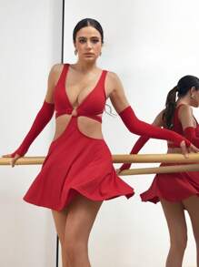Menodora SHEIN Sport 女式纯色深V领镂空腰拉丁舞服装 - 紅色 - 查看 5