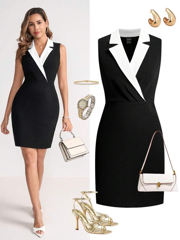 Ellevyn Women's Elegant Simple Commuter Black & White Colorblock Bodycon Midi Dress Women Nice Dress Dresses Classy Elegant Pencil Skirt.