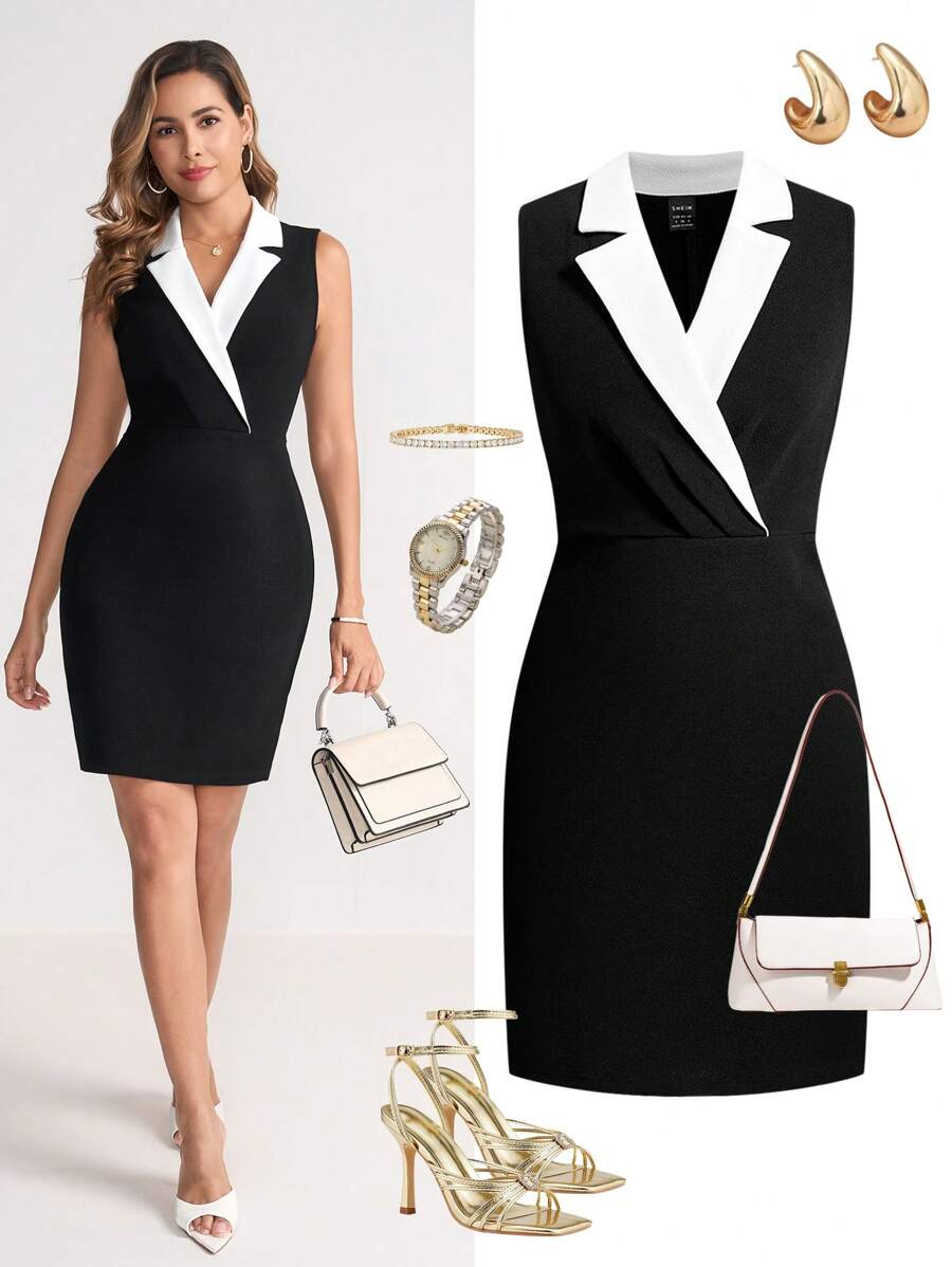 Ellevyn 女士优雅简约通勤黑白拼色修身中长连衣裙 - 黑與白 - 查看 1