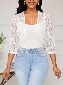 SHEIN Lady Women's Cropped Lace Jacket In Fall/Winter - White - View 6