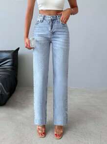 EURMUSE 100%Cotton High Waist Straight Leg Jeans - Light Wash - View 4