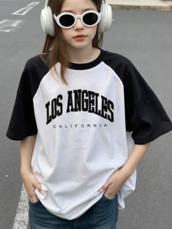 青少年女孩休闲撞色拼布字母印花 T 恤，夏季