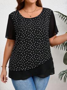 EMERY ROSE Blus Kasual Lengan Pendek Leher Bulat Motif Polkadot Musim Panas untuk Wanita Ukuran Besar, Musim Panas untuk Wanita, Bunga/Liburan/Musim Semi - Hitam - View 1