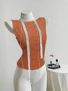 Elamini French Sexy Open Back Bowknot Plaid Camisole Top For Women, Figure-Flattering, Sleeveless, Suitable For Spring & Summer Wear - Multicolor - View 2