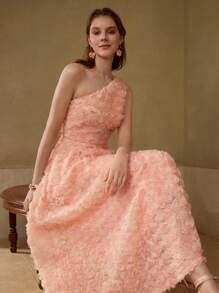 MOTF PREMIUM MESH STEREO FLORAL ASYMMETRICAL NECK DRESS - Coral Pink - View 1