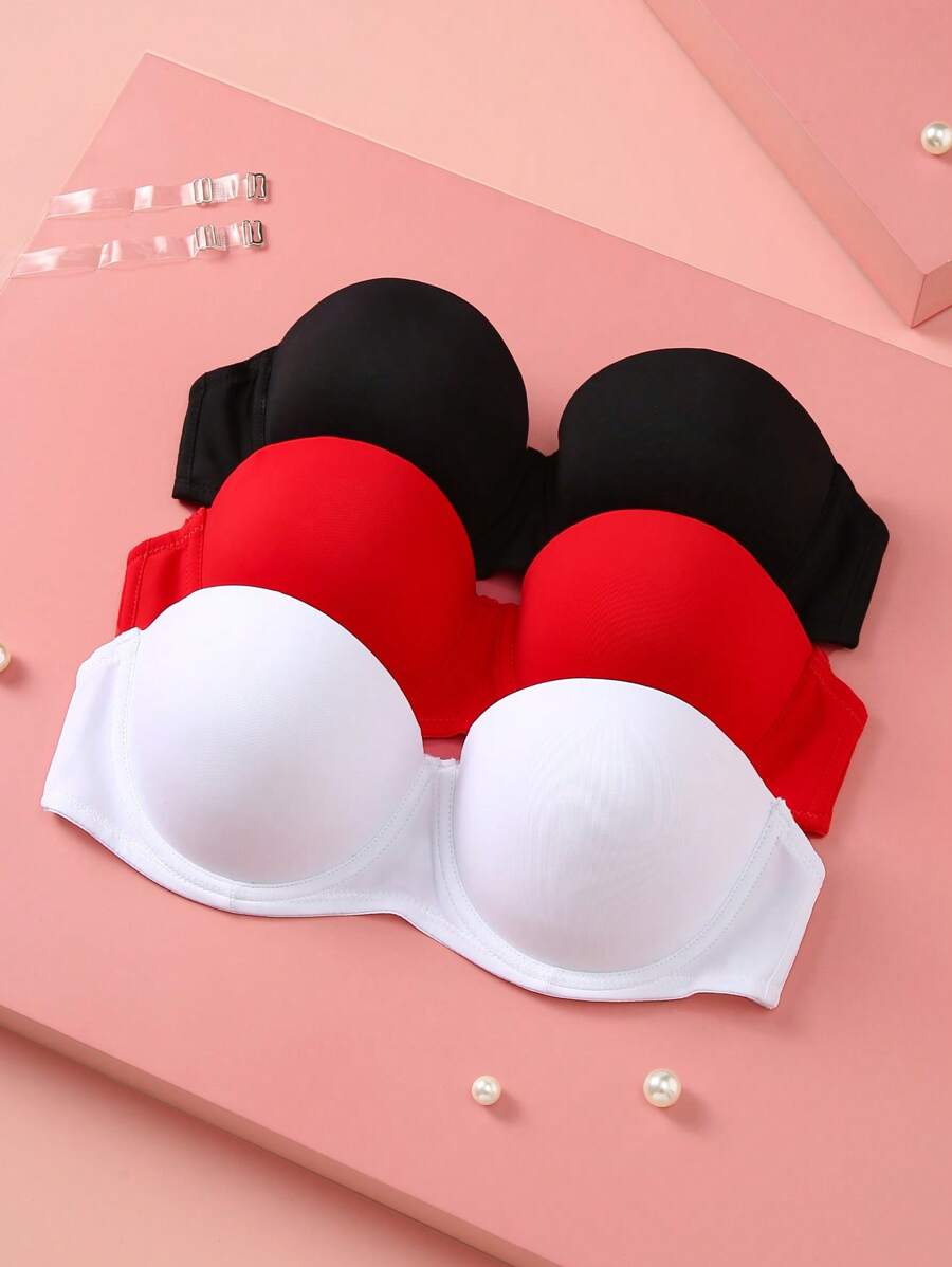 3pcs Women's Underwire Bandeau Bras With Hidden Straps, Black, White, Red - Multicolor - View 1