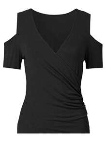 SHEIN 女式黑色深V领性感镂空肩部修身短袖T恤 - 黑色 - 查看 4