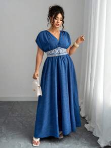 Elenzga Plus Size Boho Sky Blue Floral Embroidered Maxi Dress,Summer Elegant Vacation Deep V-Neck,Gathered Shoulder,Cinched Waist, Casual Party Dress - Blue - View 6