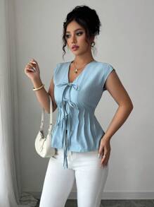 Selianne 女士优雅 V 领无袖分层蝴蝶结腰带 A 字型简约纯色背心，适合春夏季 - 藍色 - 查看 3