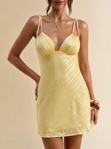 SHEIN BAE Sommer Damen Mini-Kleid mit Spaghettiträgern und asymmetrischem Saum, geeignet für Abschlusspartys, Dates, Bankette, Partys, Treffen mit Schwestern - Gelb - Übersicht 7