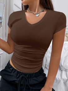 Flirla Women's Solid Color V-Neck Basic Casual Fitted Short Sleeve T-Shirt - Mocha Brown - View 3