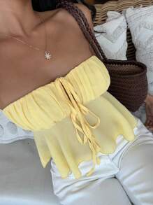 MainGRL 女士黄色编织褶饰胸围无袖短款上衣 - 黃色 - 查看 5