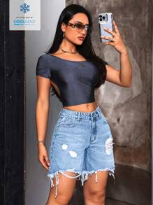 SHEIN Tall 女式休闲破洞磨边牛仔短裤 - 淺色水洗藍 - 查看 6