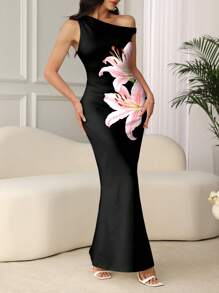 Modelyn 女式不对称斜肩扎染花卉印花针织修身优雅迷人度假连衣裙 - 彩色 - 查看 3