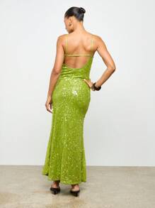 AiiRZ Sequin Maxi Evening Gown Spaghetti Strap Backless Special Occasion Party Prom Full Length Sparkle Holiday Dress - Green - View 2